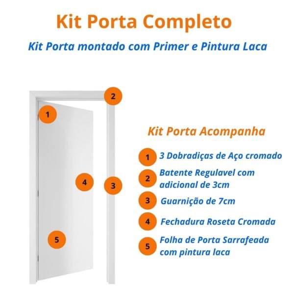 Kit Porta De Madeira 210x80cm Lisa Laqueada Esquerda Moldufama Branco - Imagem 4